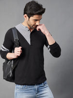 Rigo Black With Contrast Detailing Henley Full Sleeve Cotton T-Shirt