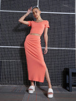 Women Peach Rib Round Neck Crop Top WithPencil Skirts