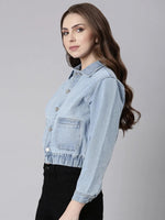 Women Blue Solid Denim Jacket-GZ-5581-Blue