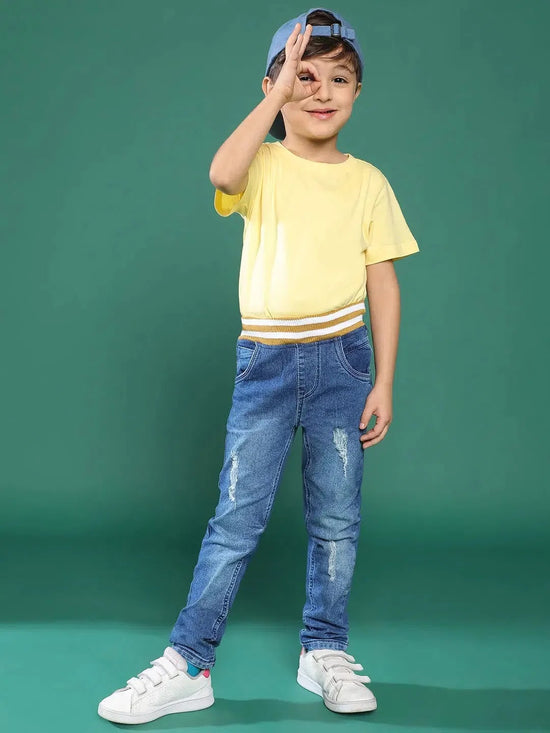 Tales & Stories Blue Solid Denim Joggers For Boys