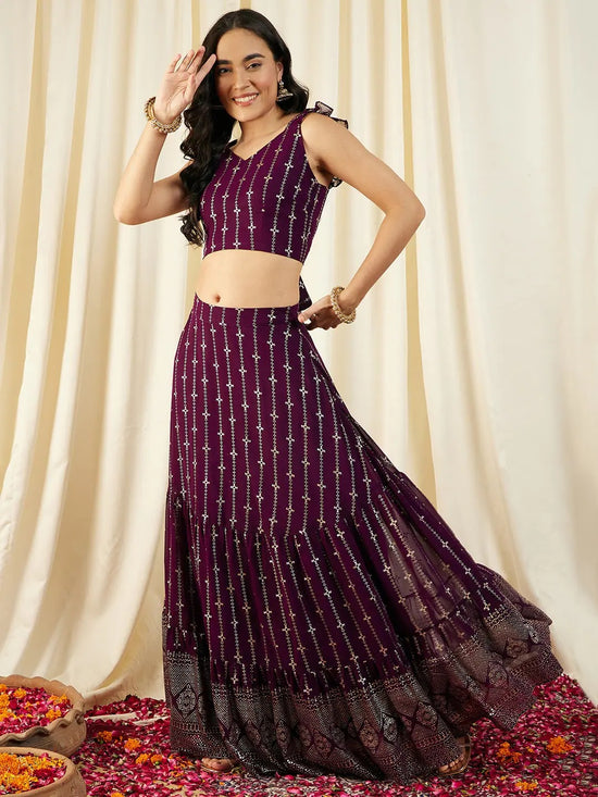 Crop top With Back tie and Flared Skirt in Pruple Color