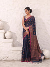 Blue Cotton Saree With Damask Motifs And Zari Border-MA54BCT04940051