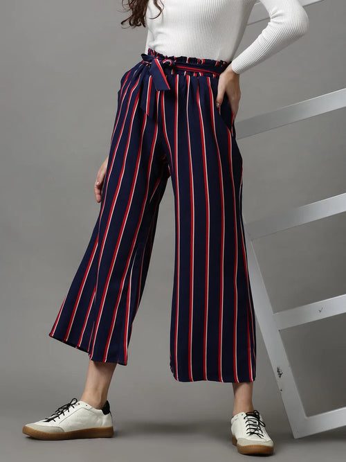 Women's Navy Blue Striped Parallel Trouser-AE-10413-Navyblue