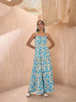 Women Blue Floral Front Slit Strappy Maxi