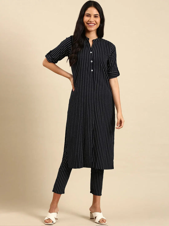 Women's Navy Blue Striped Kurta Set-SKC-7915-Navyblue