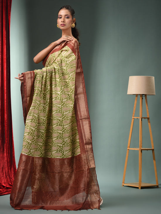 Green Blended Silk Handwoven Ajrakh Print Saree-MA50BSL34830024