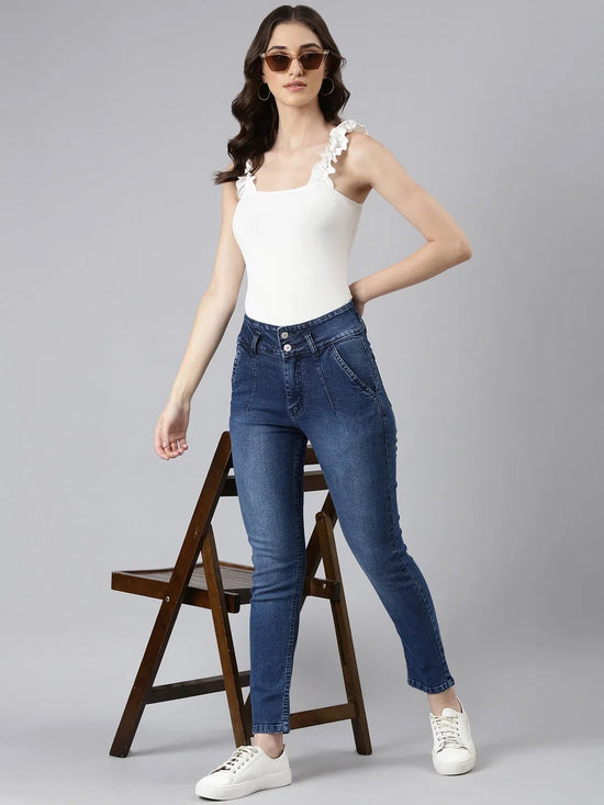 Women Blue Solid Slim Fit Denim Jeans-GZ-5547-2-Blue