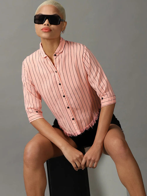 Women's Pink Striped Shirt-AE-333120-Peach