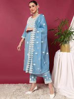 Ahika Women Blue Silk Blend Embroidered Straight Kurta Pant Set