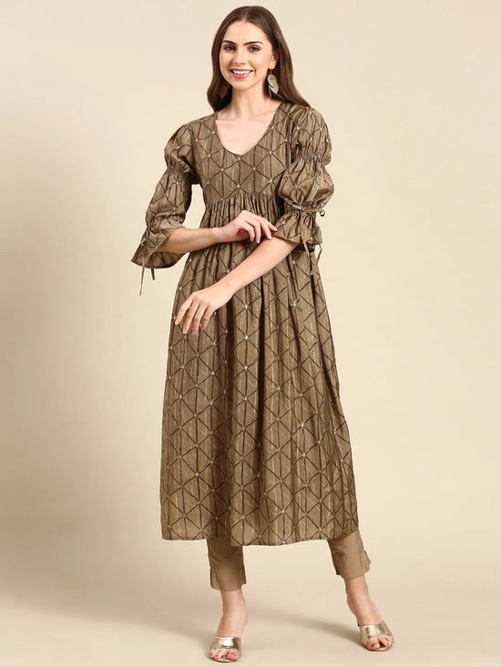 Women's Taupe Geometrical Anarkali Kurta-ON-671-Taupe