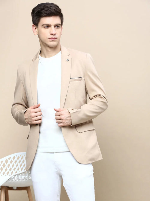 Men Beige Solid Casual Blazers-LBR-5500-Beige