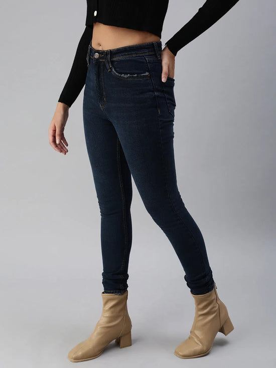 Women's Navy Blue Solid Denim Slim Jeans-GZ-5158-Navyblue