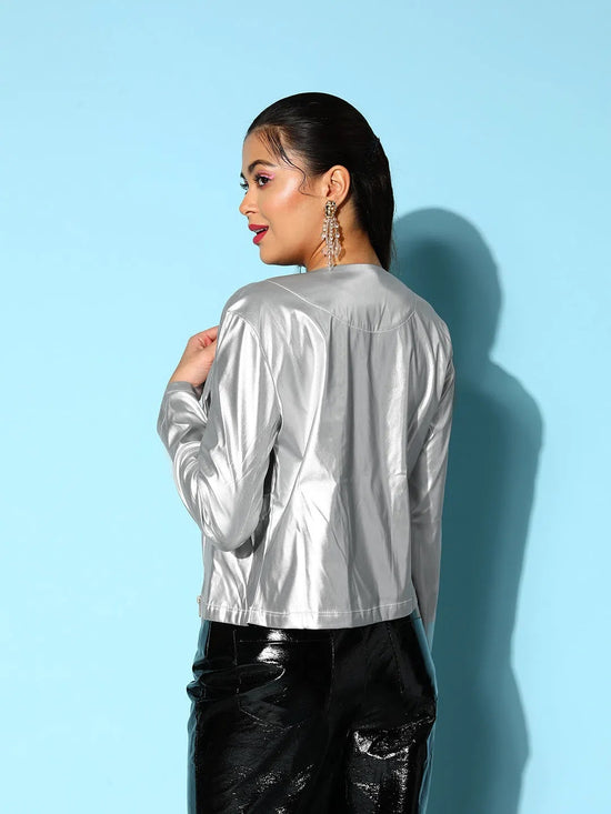 Women Solid Standard Silver Jacket