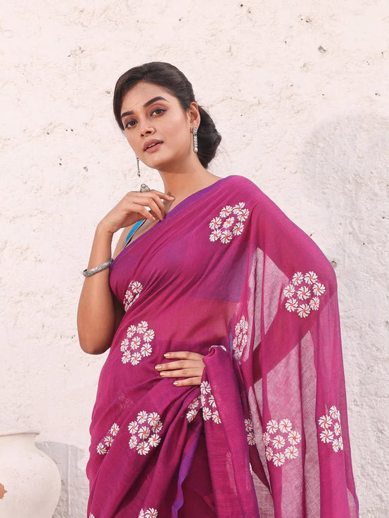 Magenta Pure Cotton Soft Saree With Floral Embroidery Work-MA54CT33580093