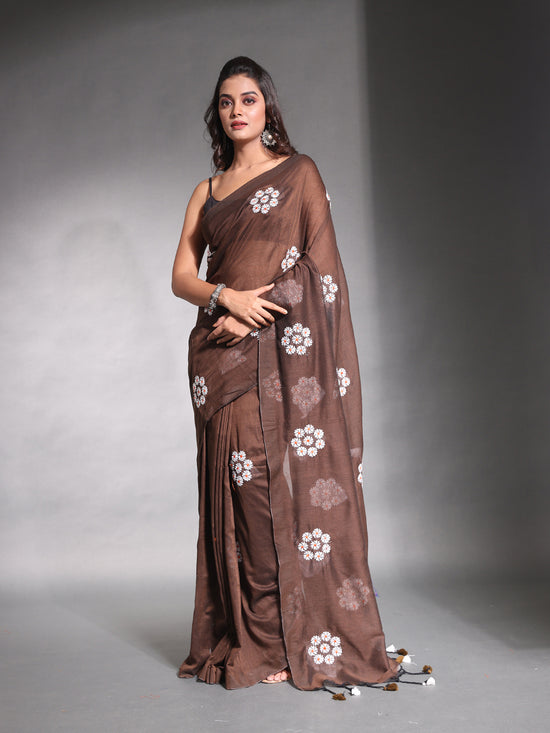 Brown Pure Cotton Soft Saree With Floral Embroidery Work-MA54CT33580094