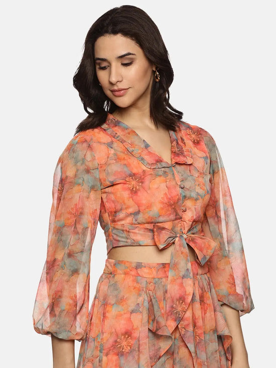 Floral Orange Front Tie-Knot Crop Top-17354