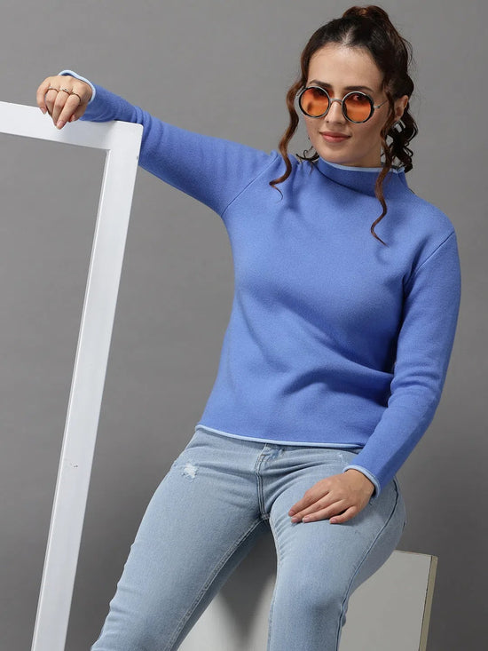 Women's Blue Solid Pullover Sweater-LH-S7081-Blue