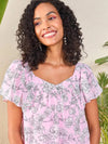 Women Pink Floral Sweetheart Neck Flared Sleeve Top