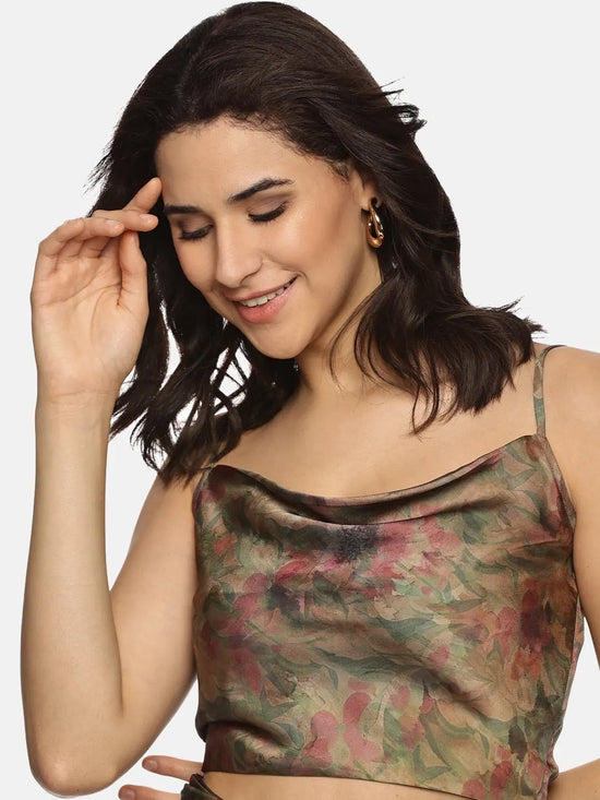 Floral Brown Cowl Neck Crop Top-17352