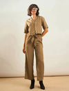 Women Khaki Notch Collar Shirt With Paperback Waist Pants