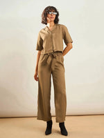 Women Khaki Notch Collar Shirt With Paperback Waist Pants