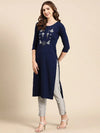 Women's Navy Blue Embellished Straight Kurta-SKC-3222-Navyblue