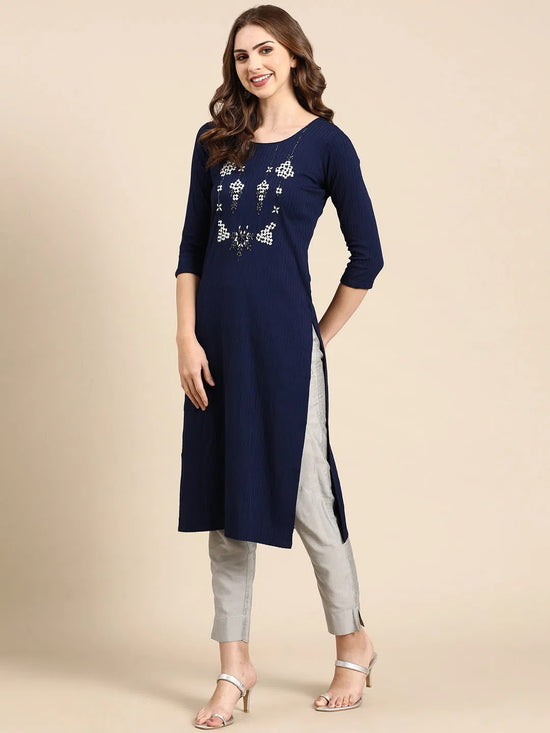 Women's Navy Blue Embellished Straight Kurta-SKC-3222-Navyblue