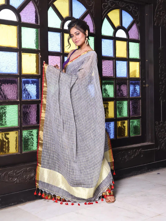 Grey Checkbox Designs Soft Linen Saree With Zari Borders-MA62LN33990024