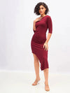 Women Maroon One Shoulder Asymmetric Hem Dress