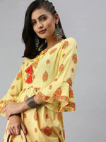 Women's Yellow Printed A-Line Kurti-DW-8745-Yellow