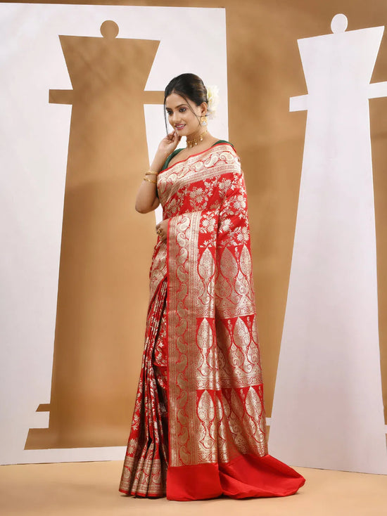 Red Katan Silk Banarasi Saree With Ethnic Motifs And Woven Designs-MA53KA441380035