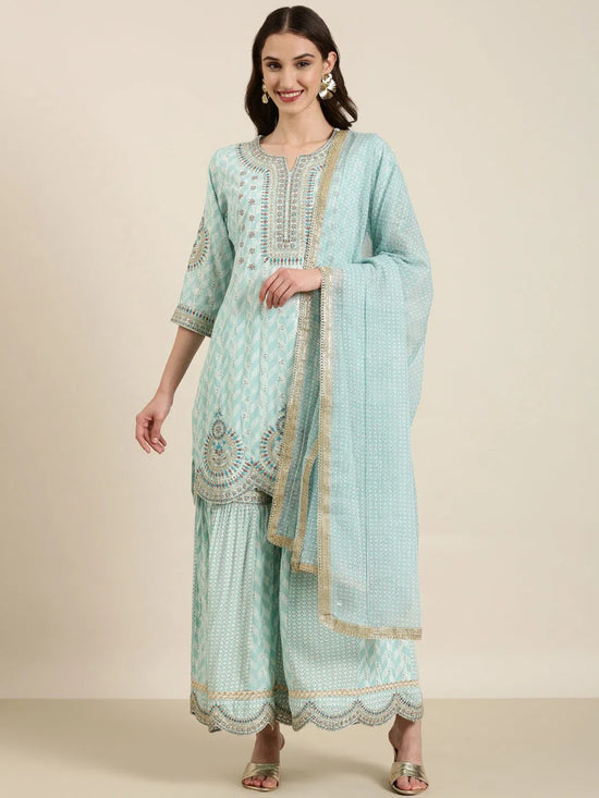 Women Sea Green Geometrical Kurta Set-GW-3222-Seagreen