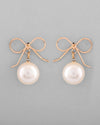 Gold Plated Pearl & Bow Shaped Classic Drop Earrings-VOJ368