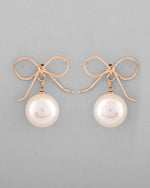 Gold Plated Pearl & Bow Shaped Classic Drop Earrings-VOJ368