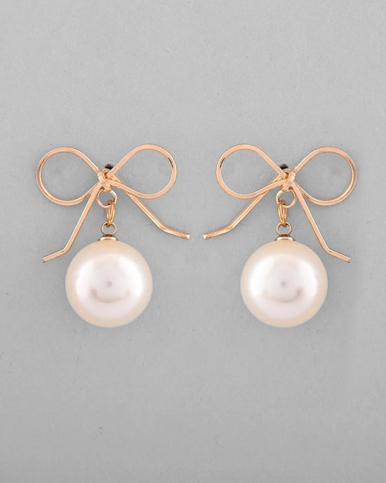 Gold Plated Pearl & Bow Shaped Classic Drop Earrings-VOJ368