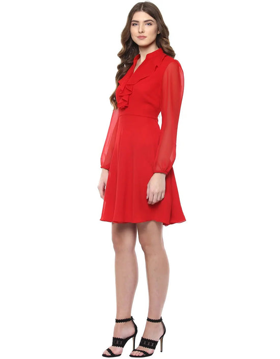 Frill collar Flare Dress in Red