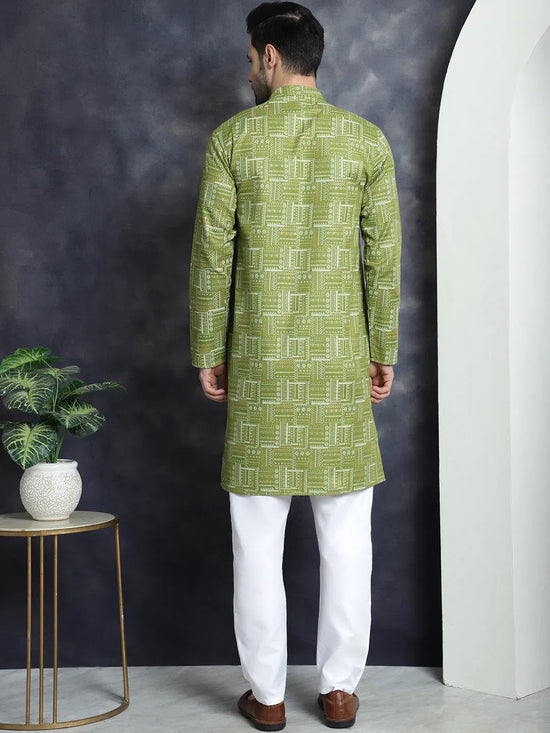 Men's Printed Kurta with Churidar-JOKP-P-5031Olive