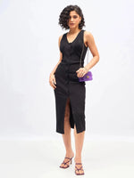 Women Black Rib Front Button Bodycon Midi Dress