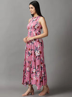 Women's Pink Floral Fit and Flare Dress-AE-15736-Pink