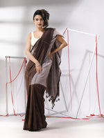 Brown Cotton Saree With Stripes Pattern Sequine Work-MA55CT06500130