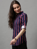 Women's Blue Striped Longline Shirt-AE-10420-Navyblue