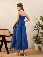 Women Royal Blue Schiffli Strappy Tered Maxi Dress