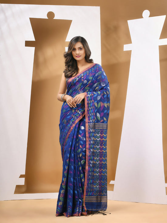 Blue Cotton Blend Handwoven Saree With Paisey Motifs-MA53BCT041400057