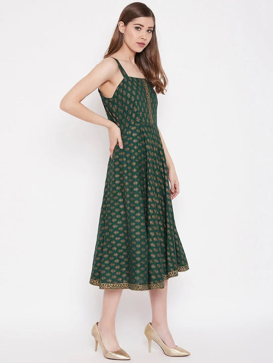 Shoulder strap flared midi dress in Bottle Green