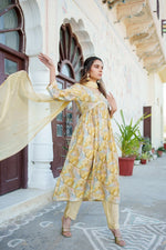 Vaasva Women Yellow Muslin Embroidered Kurta Pant & Dupatta Set