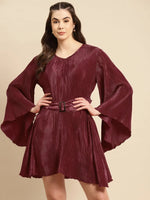 Flared mini dress with belt in Maroon