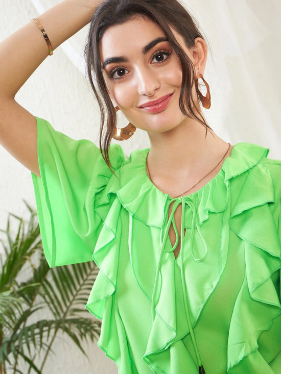 Women Green Short Sleeves Ruffle Top