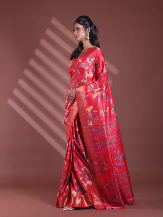 Red Foliage Print Silk Soft Saree With Zari Border-MA60BSL01460025