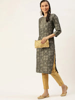 Women's Grey Embellished Straight Kurtas-HO-1448-Grey