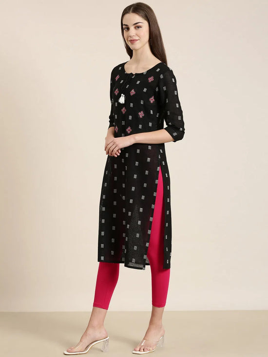 Women Black Solid Straight Kurta-NJ-3634388-Black